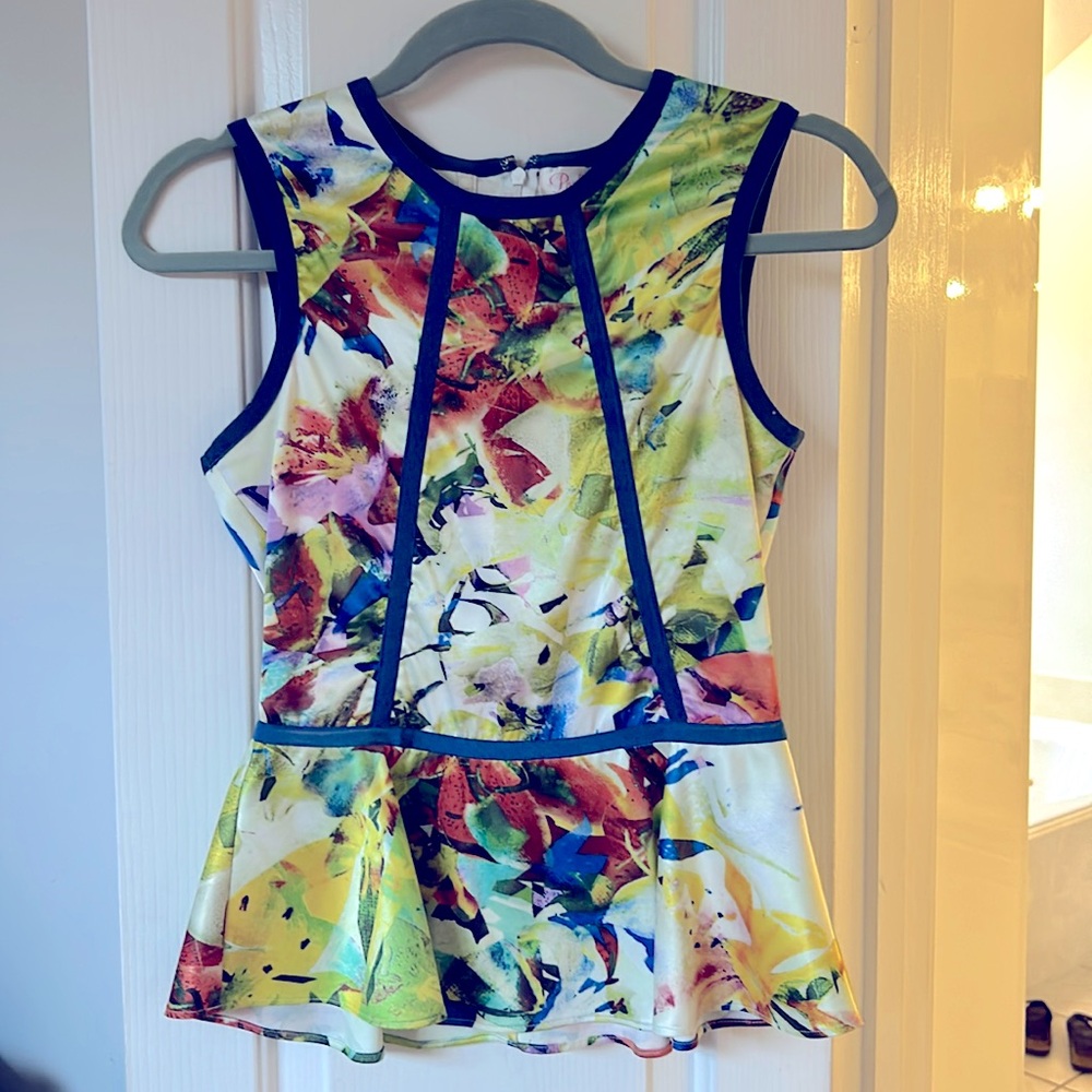 Parker abstract ART to wear peplum fitted zip top 
S $264
95% silk
5% spandex
